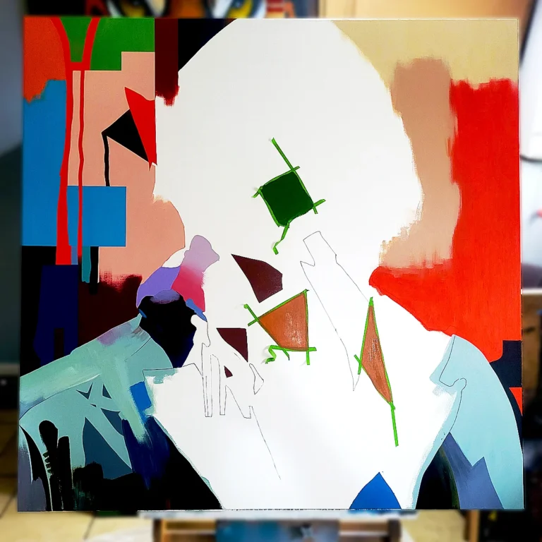 Work in progress of abstract portrait painting showing masking tape and developing composition in artist studio