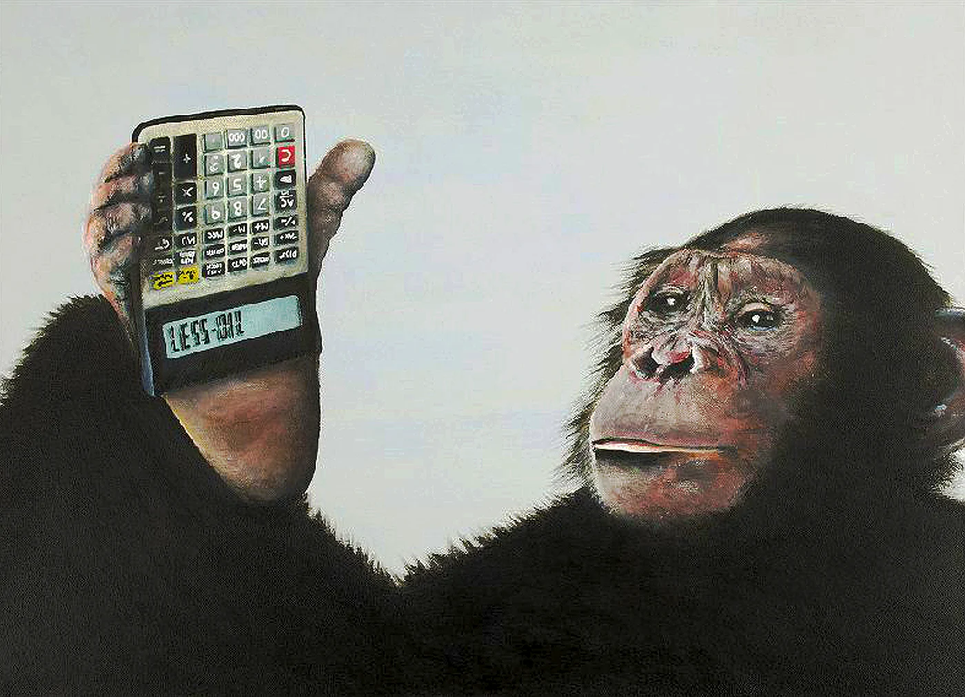 Painting of a chimpanzee holding a calculator displaying ‘less oil’, exploring environmental and social commentary
