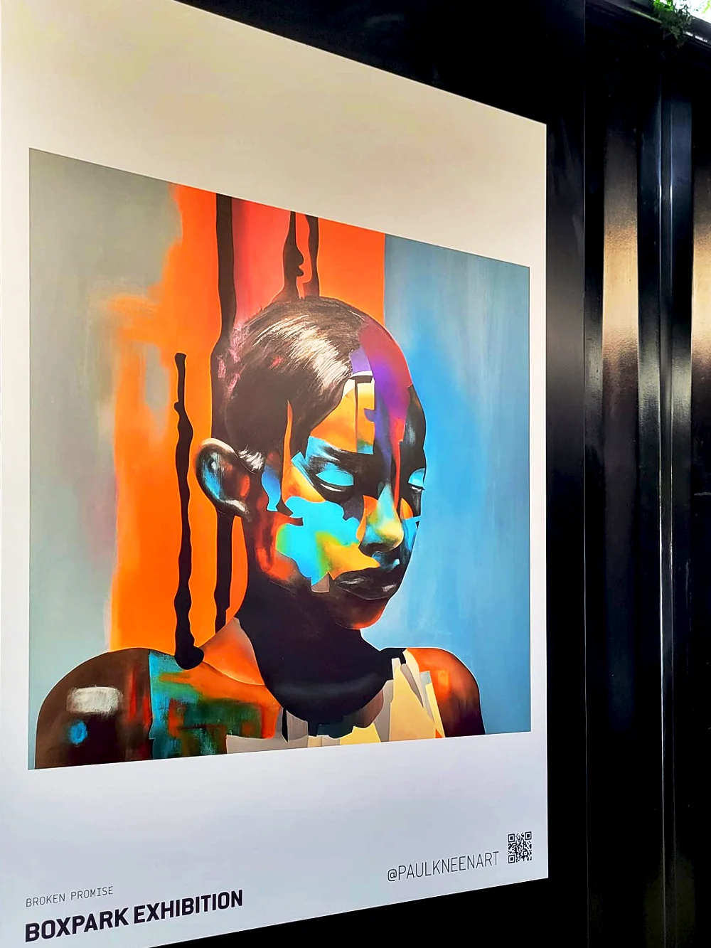 Abstract portrait artwork displayed as print at BOXPARK Shoreditch exhibition