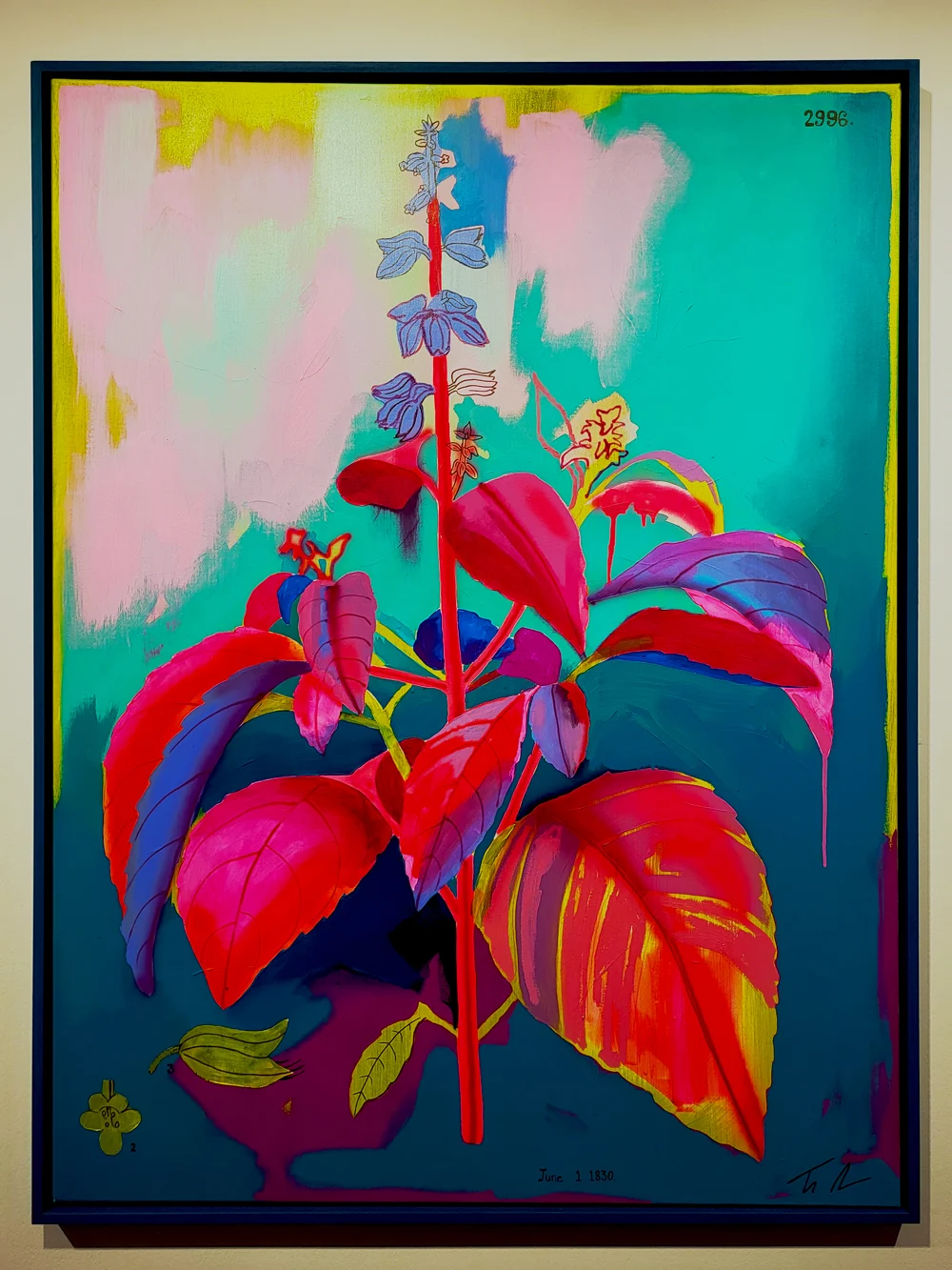 Abstract plant painting with bold colours from Tim Fowler’s The Ground exhibition