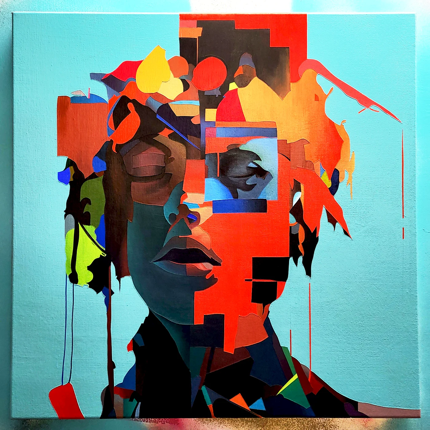 Brain Fog abstract portrait painting exploring fragmentation and colour