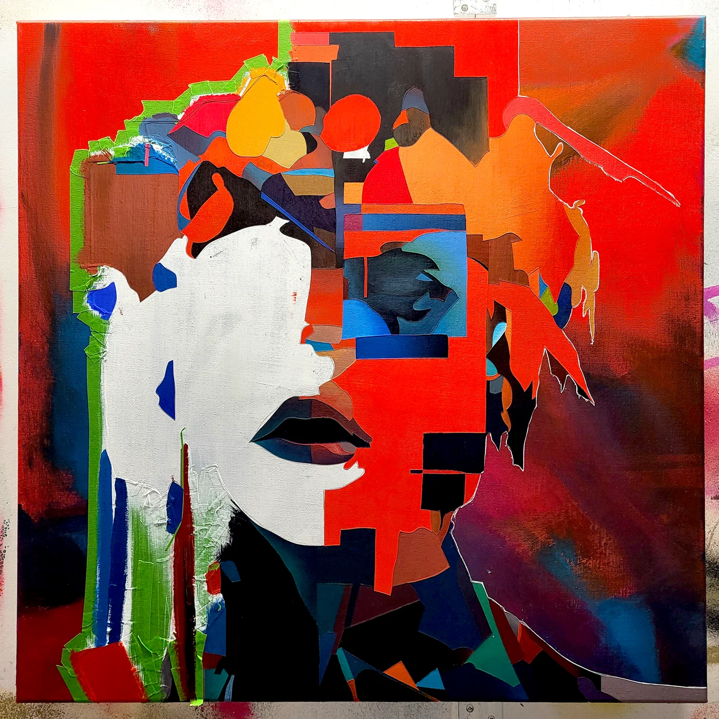 Masking technique using frog tape in abstract portrait painting