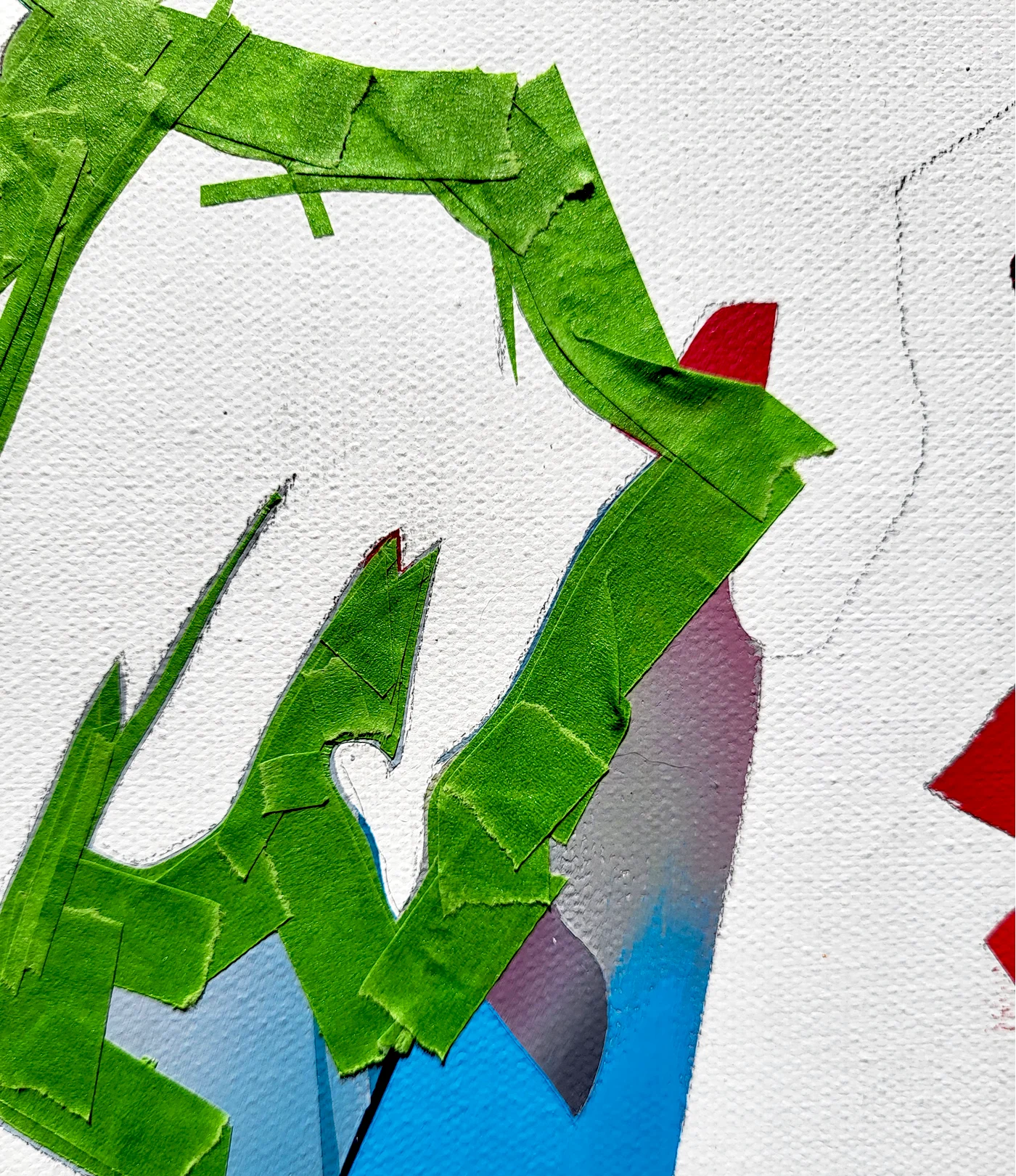 Acrylic painting in progress using masking tape to create sharp geometric edges