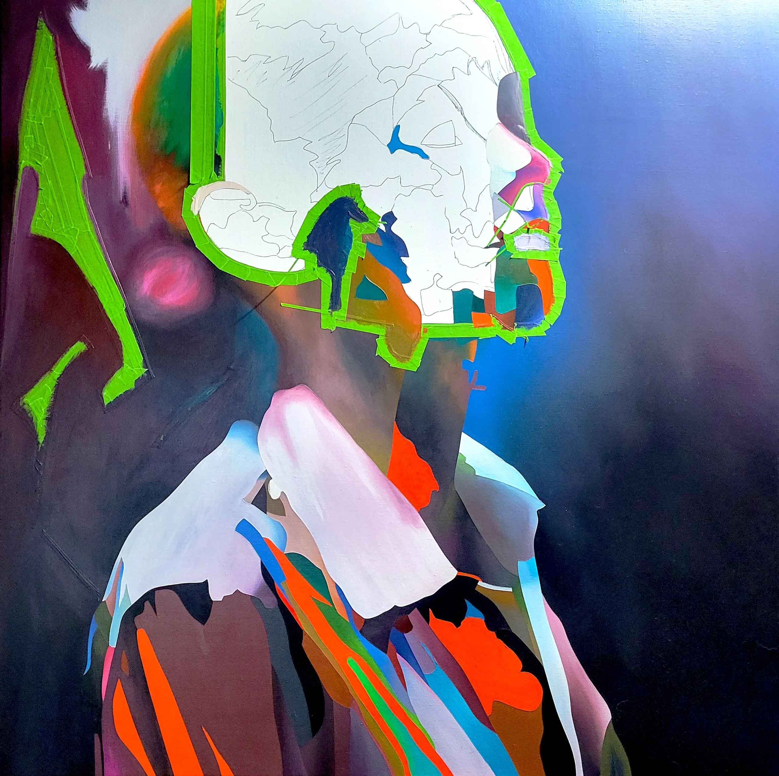 Abstract portrait painting in progress with masking tape and layered acrylic colours