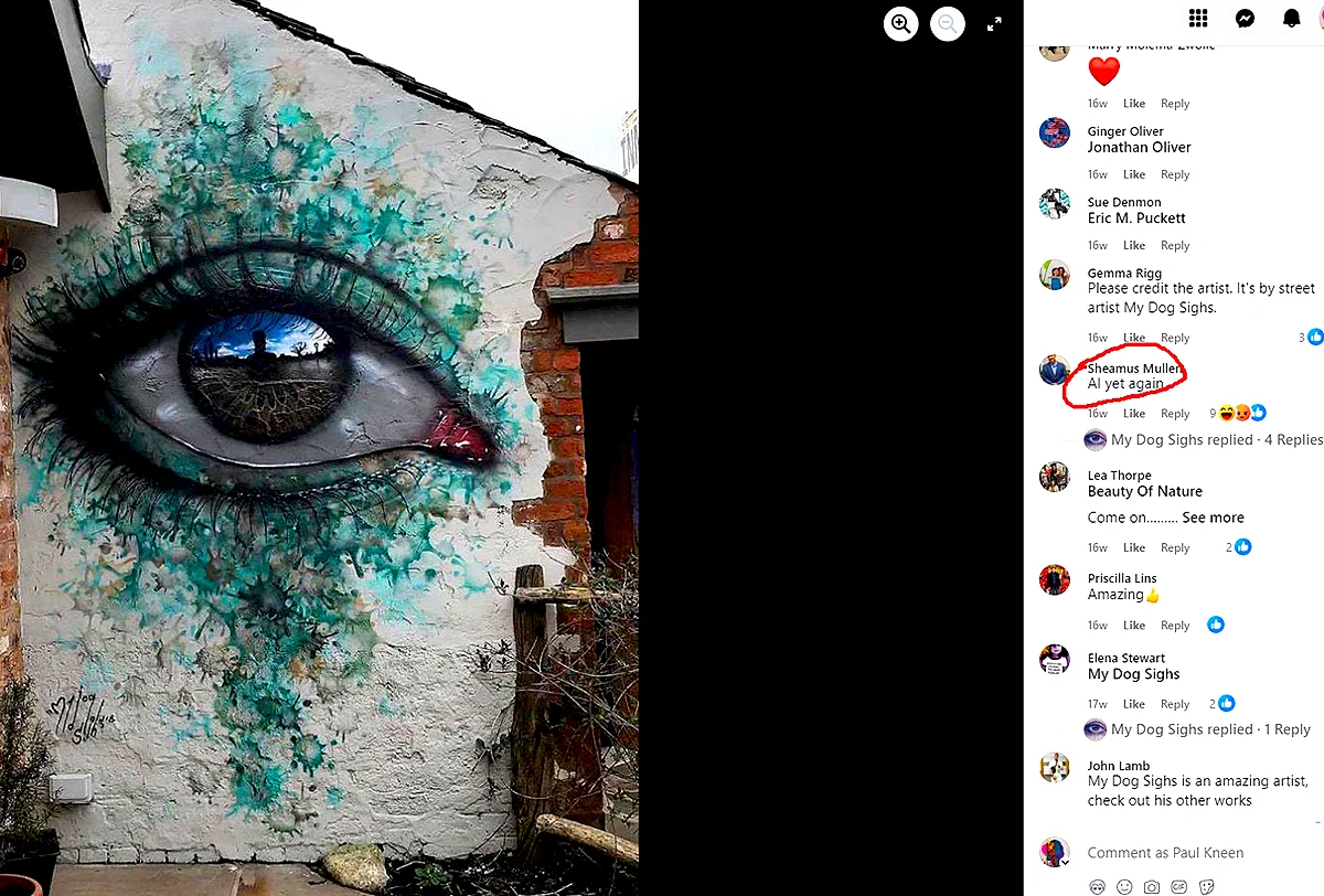 Social media comments questioning whether a street mural by My Dog Sighs is AI-generated