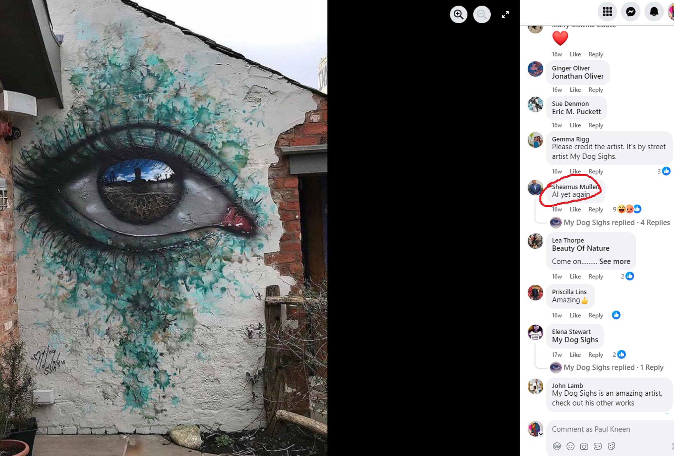 One of the few comments accusing My Dog Sighs of Ai art