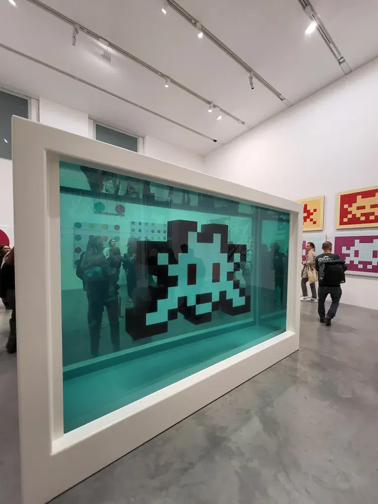 Large tank with sapce invader inside sculpture for Triple Trouble exhibition