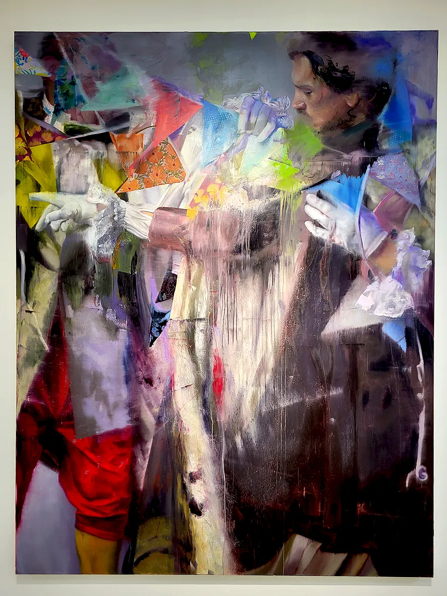 Painting by Conor Harrington showing fragmented figure with layered abstraction and paint drips