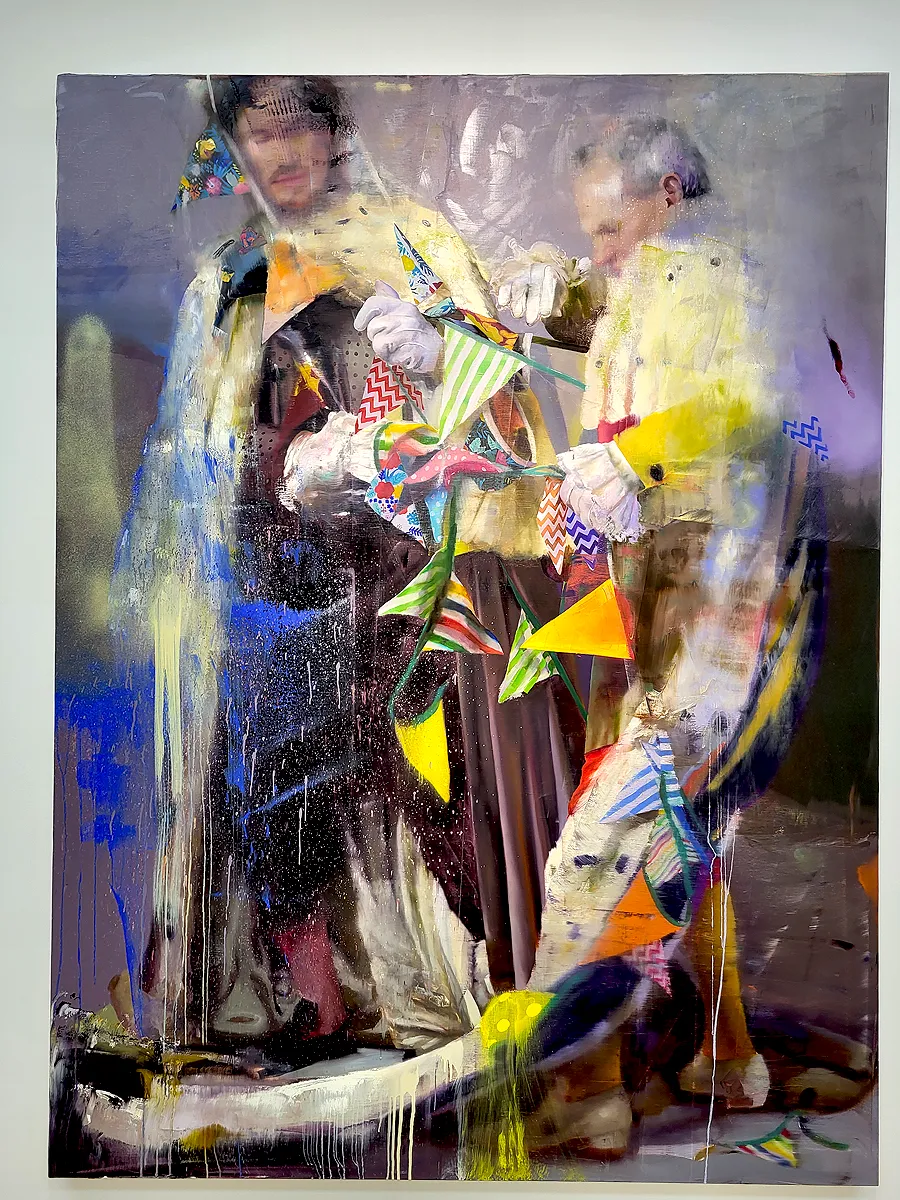 Painting by Conor Harrington combining classical figure painting with geometric abstraction and colour fragments