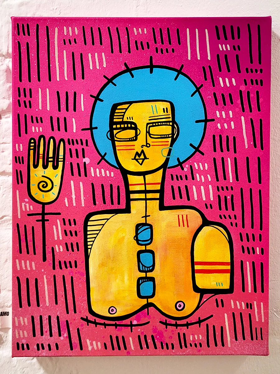 Painting by Mister Samo featuring bold graphic figure and bright colour palette in London gallery