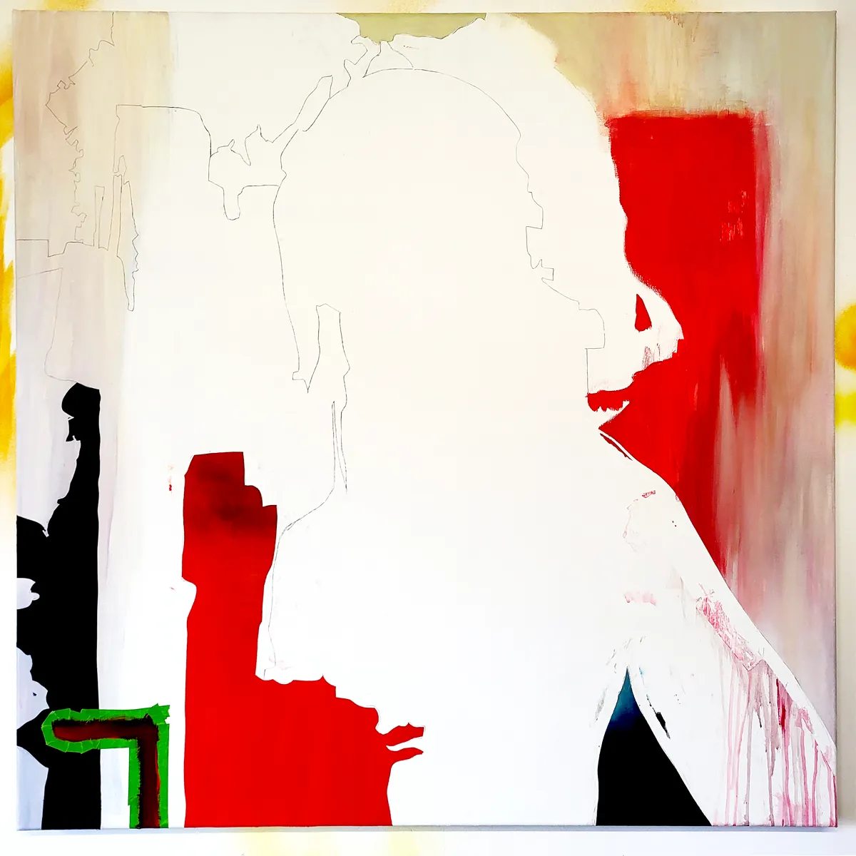 Early stage of Not Every Storm Is Loud painting showing masked composition and initial layout on canvas