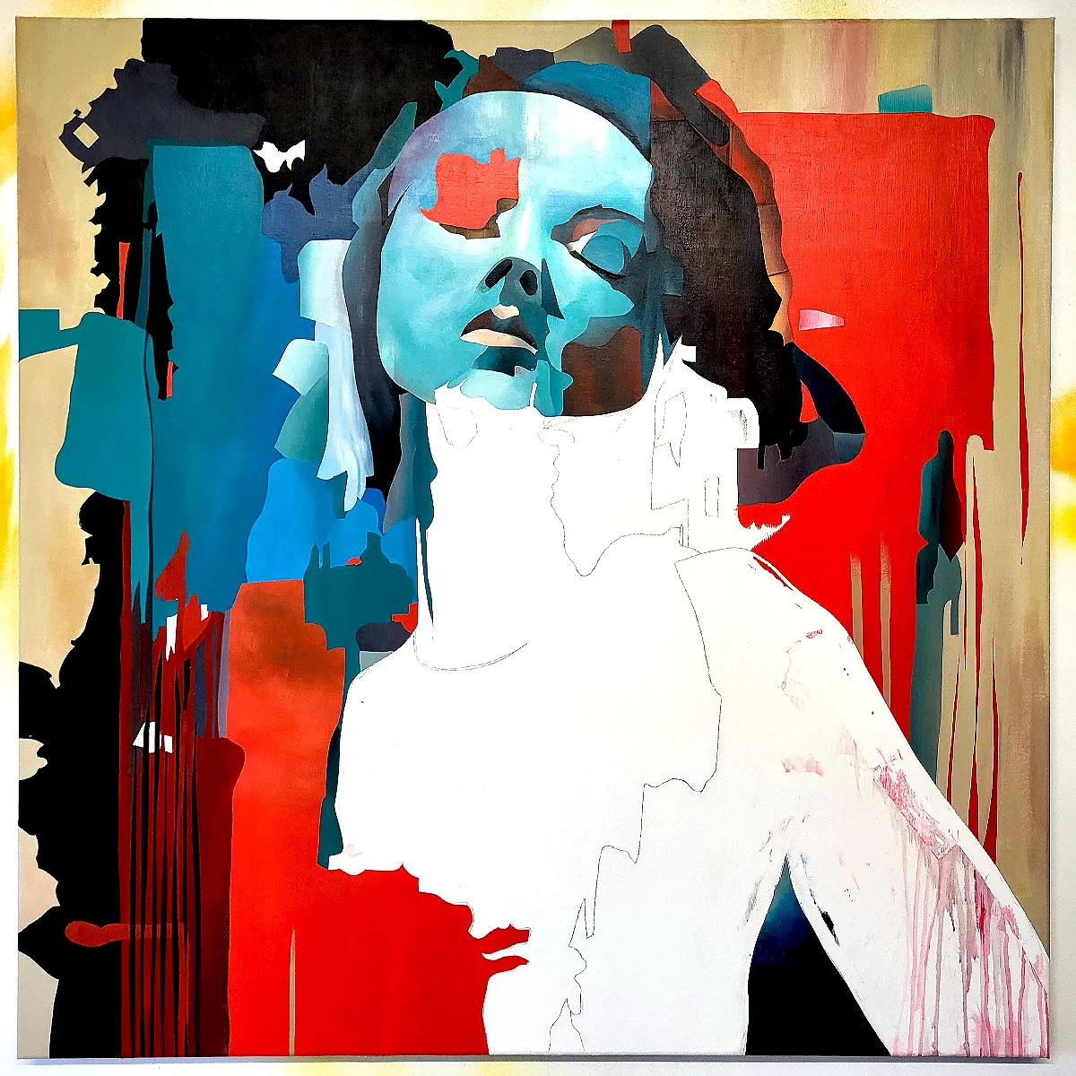 Early stage of Not Every Storm Is Loud painting showing masked composition and initial layout on canvas