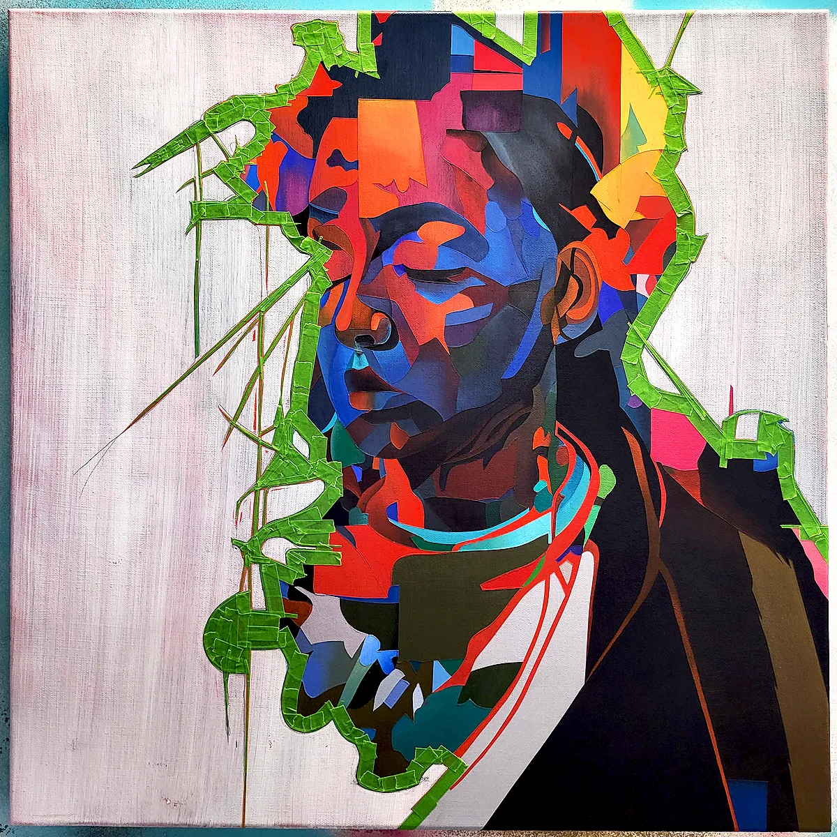 Abstract portrait painting in progress using masking tape, acrylic on canvas by Paul Kneen