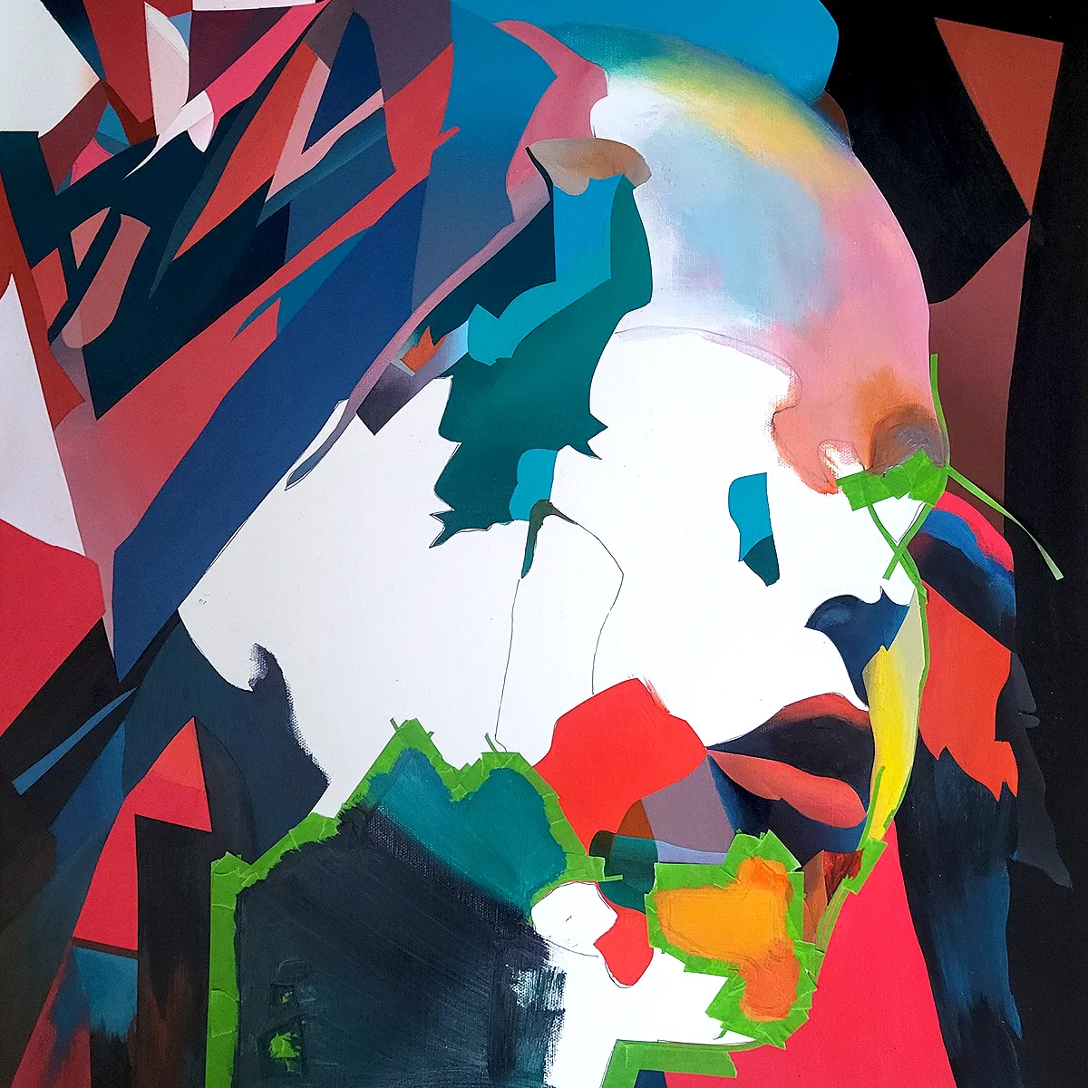 Abstract portrait painting showing a face emerging through layered colour and geometric structure