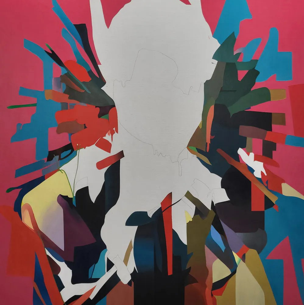 Abstract portrait underpainting showing a blank facial silhouette surrounded by layered colour and geometric shapes.
