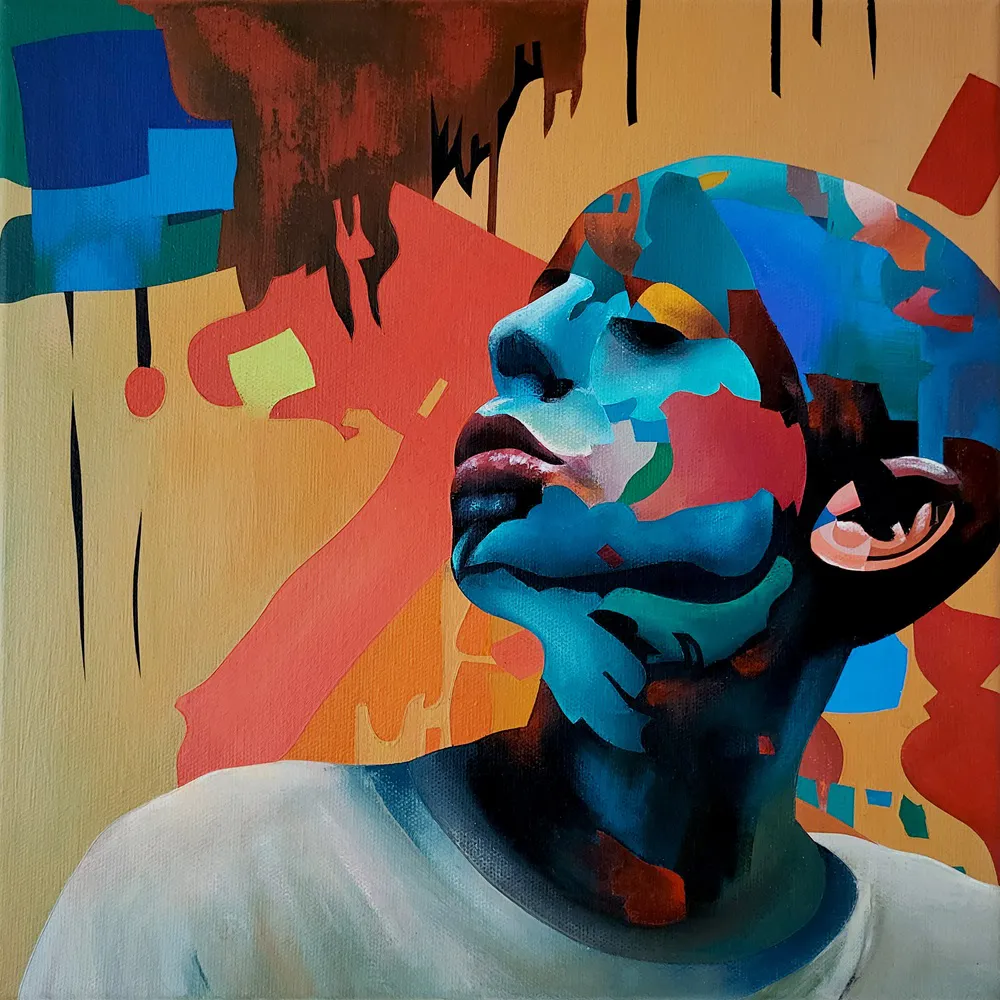 Abstract portrait painting titled ‘Still Standing’, showing a fragmented human face looking upward in layered colour.