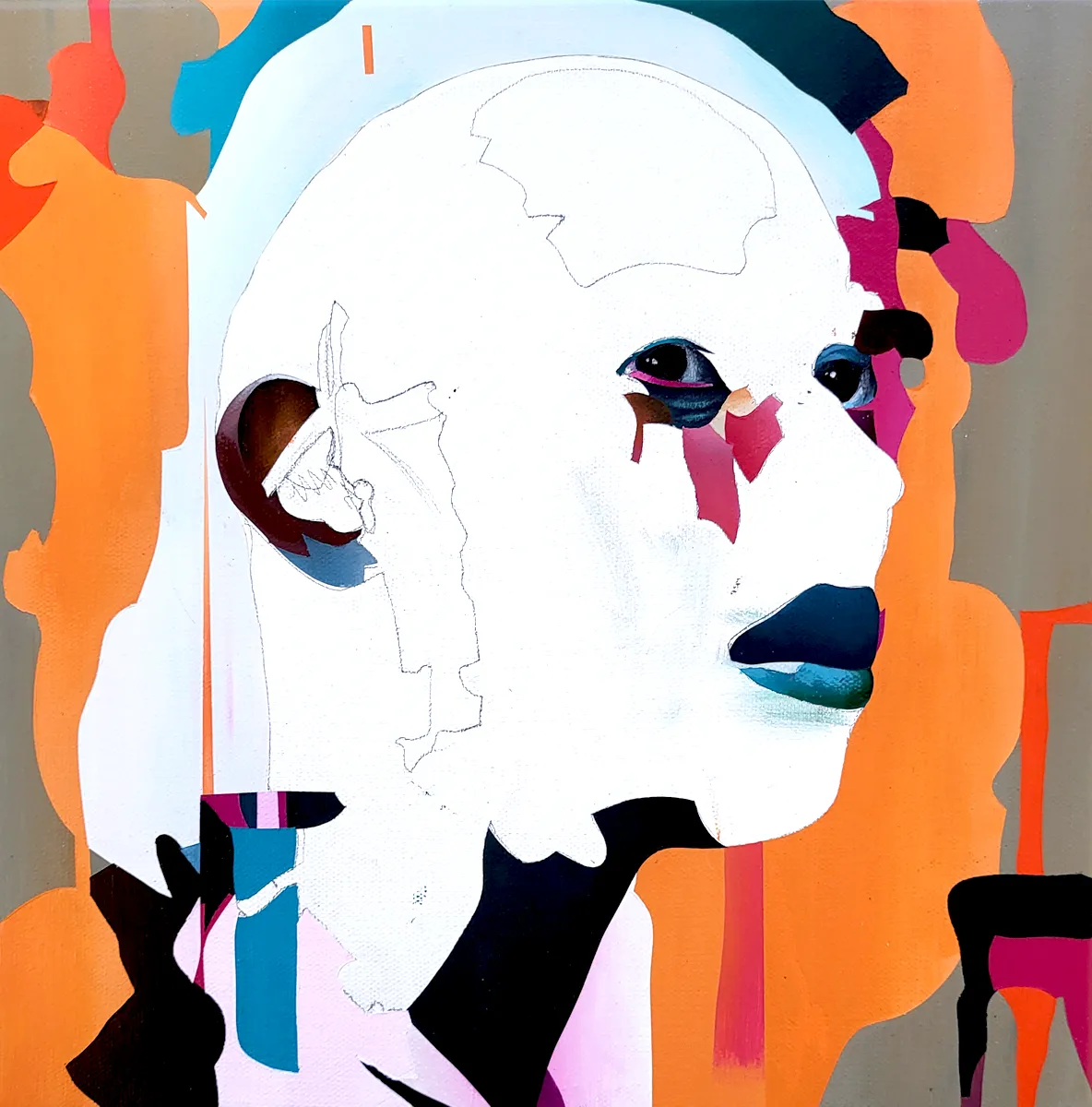 Abstract portrait painting in progress with partially formed face, visible sketch lines and layered colour