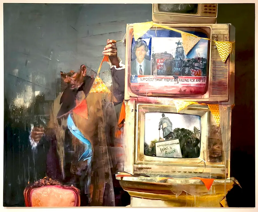 Painting by Conor Harrington showing a fragmented figure beside stacked televisions