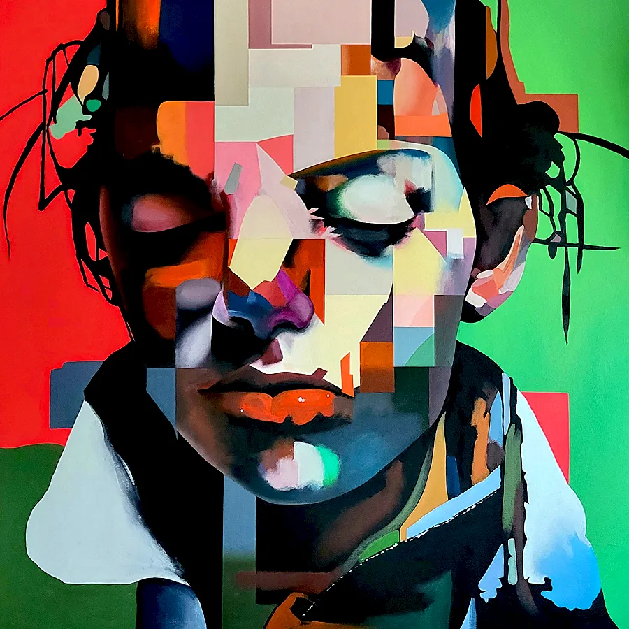 Fragmented Fears abstract portrait painting by Paul Kneen exploring inner tension and fragmented emotion Fragmented Fears abstract portrait painting by Paul Kneen exploring inner tension and fragmented emotion
