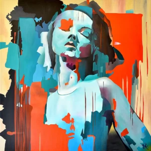 Not Every Storm Is Loud abstract portrait painting by Paul Kneen, soft layered figure with closed eyes and subtle dripping forms