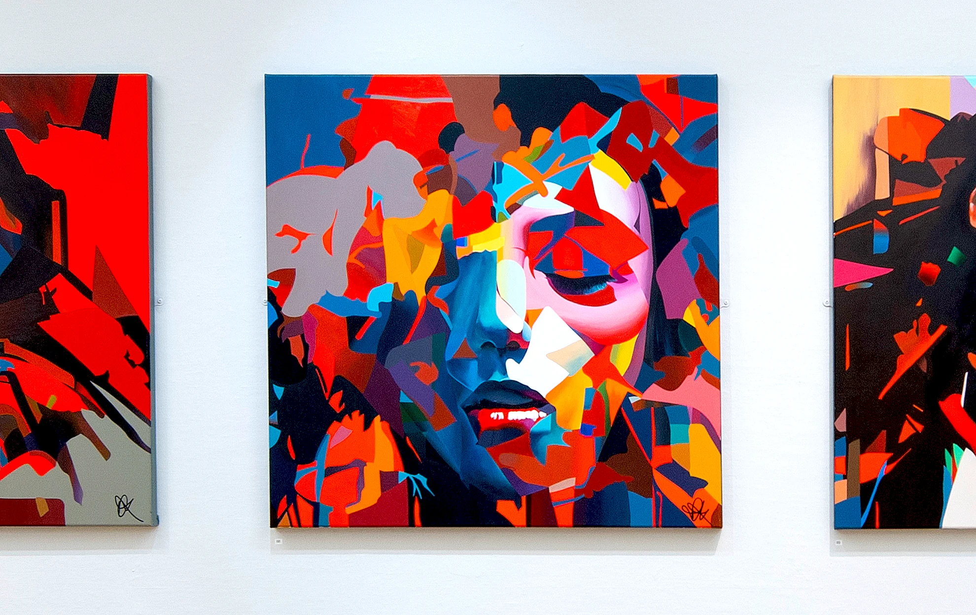 Abstract portrait painting by Paul Kneen featuring a fragmented face with bold colour and geometric forms. Abstract portrait painting by Paul Kneen featuring a fragmented face with bold colour and geometric forms.