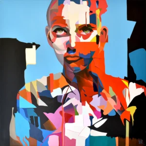 Shadows of Anxiety abstract portrait painting by Paul Kneen, bold geometric portrait with direct gaze and layered colours