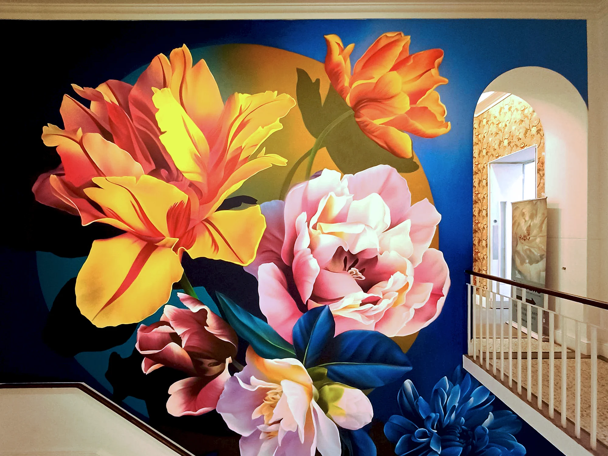 Large scale floral mural by Sophie Mess at Saatchi Gallery staircase