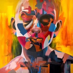 Whispers of Worry abstract portrait painting by Paul Kneen, colourful layered acrylic artwork exploring quiet tension and inner thoughts