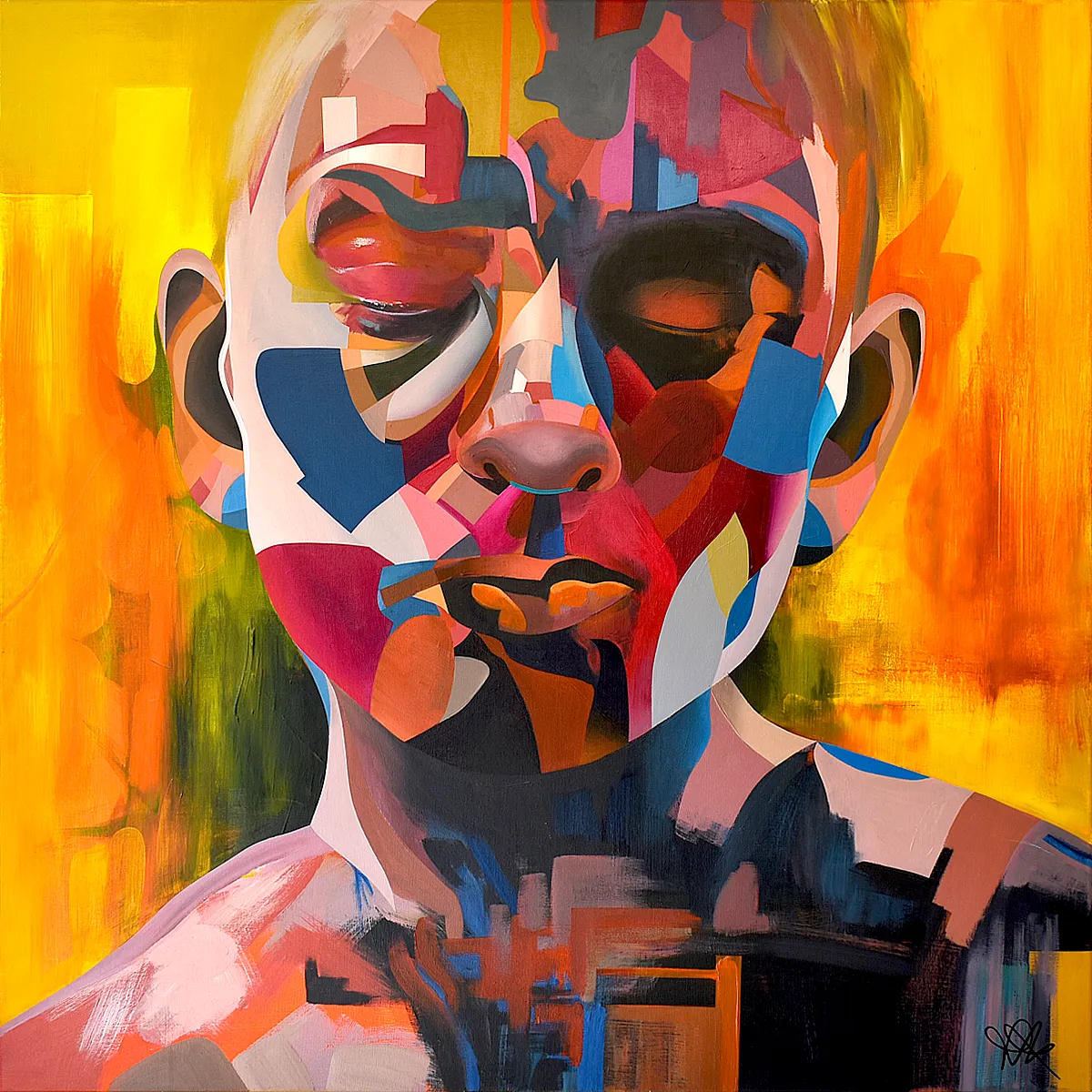 Whispers of Worry abstract portrait painting by Paul Kneen, colourful layered acrylic artwork exploring quiet tension and inner thoughts