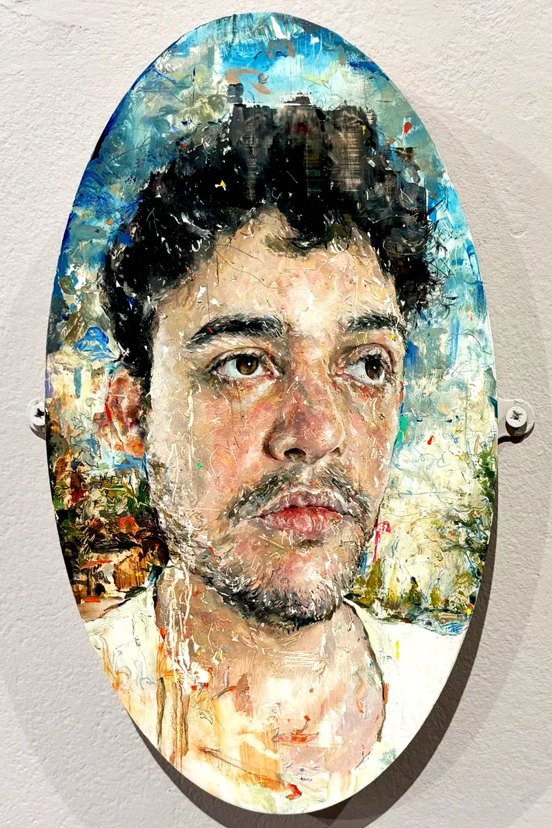 Ange Bell's oval oil painting Gabriel's Journey on display at the Royal Portrait Painters exhibition 2026 Ange Bell's oval oil painting Gabriel's Journey on display at the Royal Portrait Painters exhibition 2026
