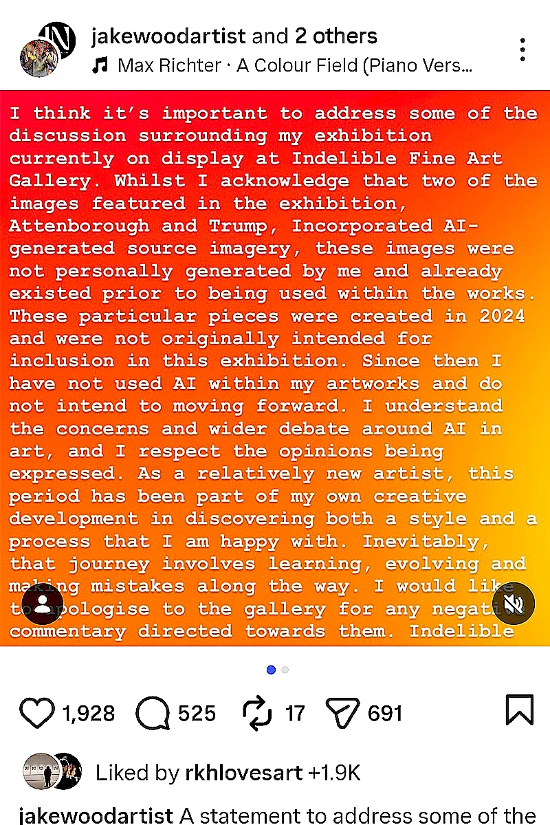 Part 1 of Jake Wood's Instagram apology regarding using AI in his work