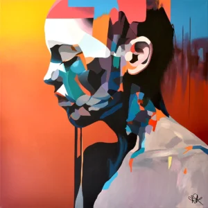 Eternal Dawn by Paul Kneen — contemporary abstract portrait painting in acrylic and spray paint with layered geometric forms against a glowing orange and yellow background.