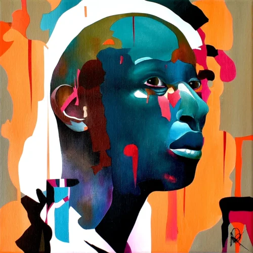 I Need a Moment by Paul Kneen — contemporary abstract portrait painting in layered acrylic with deep blue, orange and pink contrasting forms.
