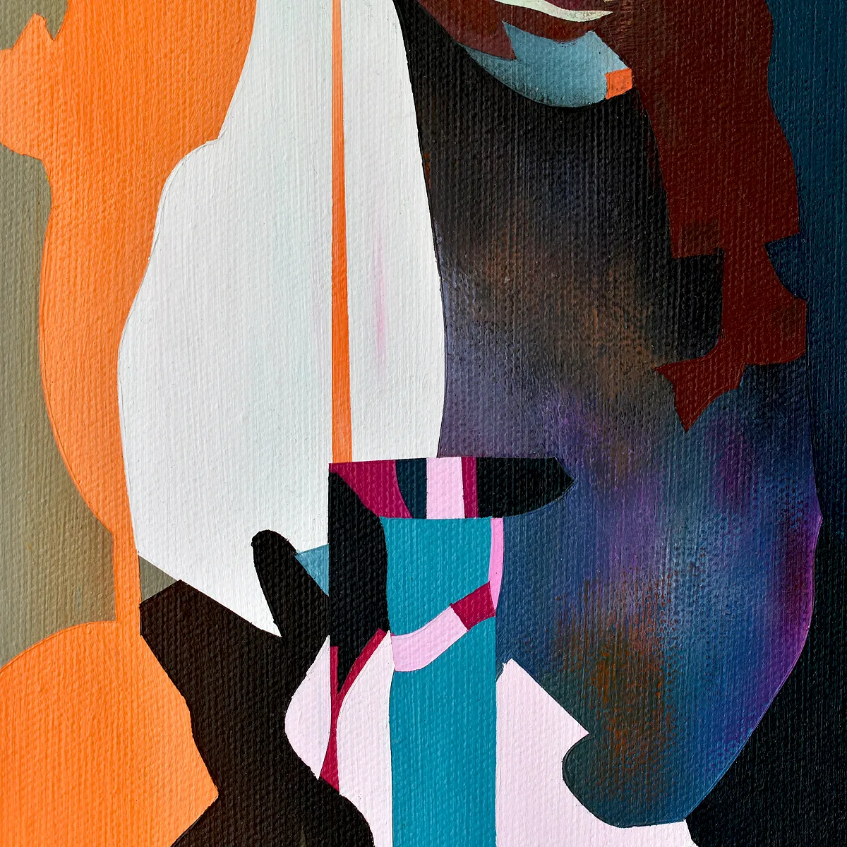 Close up detail of abstract portrait painting I need a moment by Paul Kneen