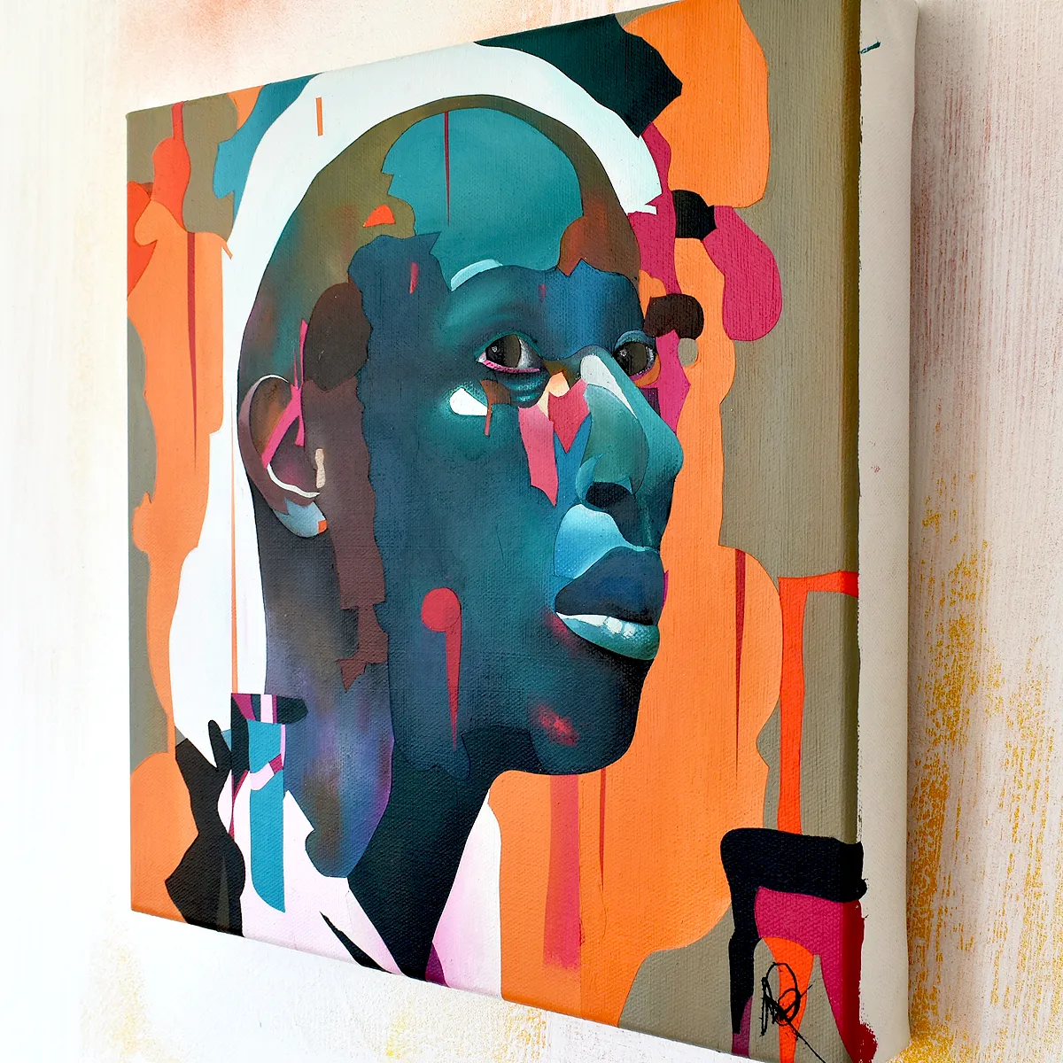 Perspective side profile view of abstract portrait painting I need a moment by Paul Kneen