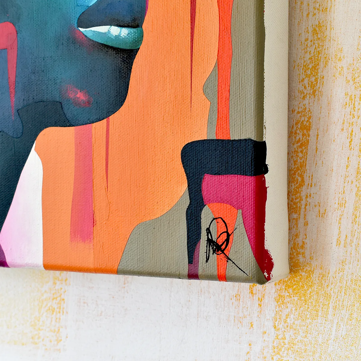 Close up of signature on Paul Kneen's abstract portrait painting I need a moment