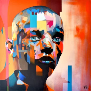 Inner Flame by Paul Kneen — contemporary abstract portrait painting in layered acrylic with vivid orange, blue and black geometric forms.