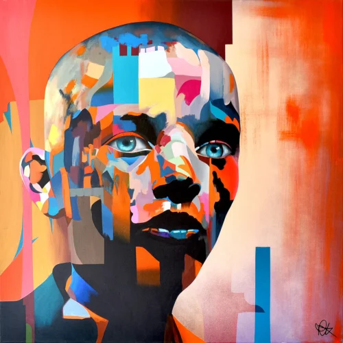 Inner Flame by Paul Kneen — contemporary abstract portrait painting in layered acrylic with vivid orange, blue and black geometric forms.