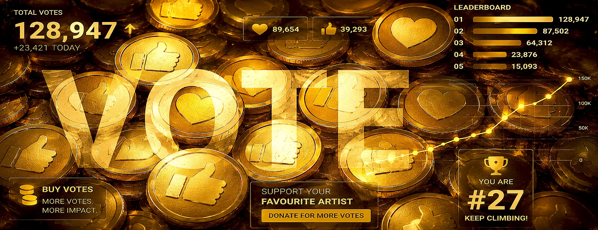 Gold coins with heart and thumbs-up symbols representing voting, popularity and paid support in the Johnny Depp art competition