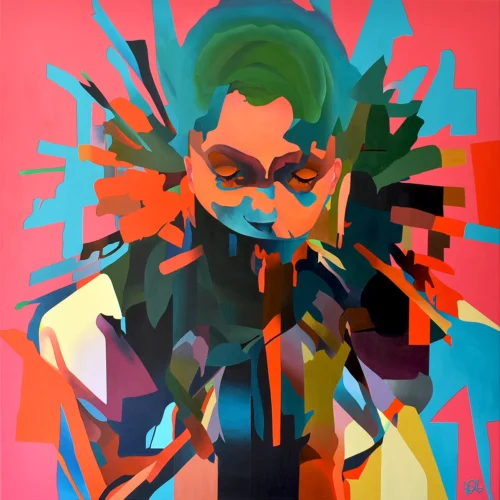 Protection by Paul Kneen — contemporary abstract portrait painting in layered acrylic with vivid pink, turquoise and dark contrasting forms.