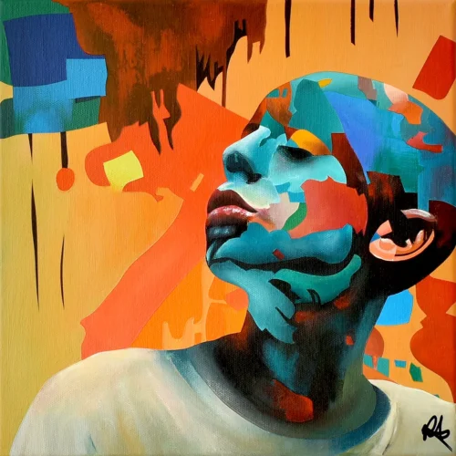 Still Standing by Paul Kneen — contemporary abstract portrait painting in layered acrylic with vivid turquoise, orange and black forms