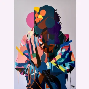 Tangled Threads by Paul Kneen — contemporary abstract portrait painting in layered acrylic with geometric forms and bold contrasting colours.