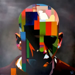 Compartmentalise, contemporary abstract portrait painting by UK artist Paul Kneen featuring a fragmented face constructed from geometric blocks and layered colour.