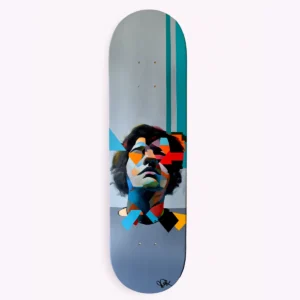 Pieces of Progress original abstract portrait artwork painted on a skateboard deck by Paul Kneen