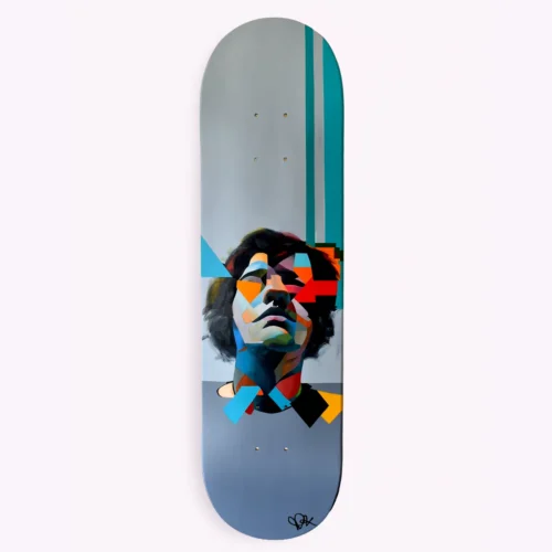 Pieces of Progress original abstract portrait artwork painted on a skateboard deck by Paul Kneen