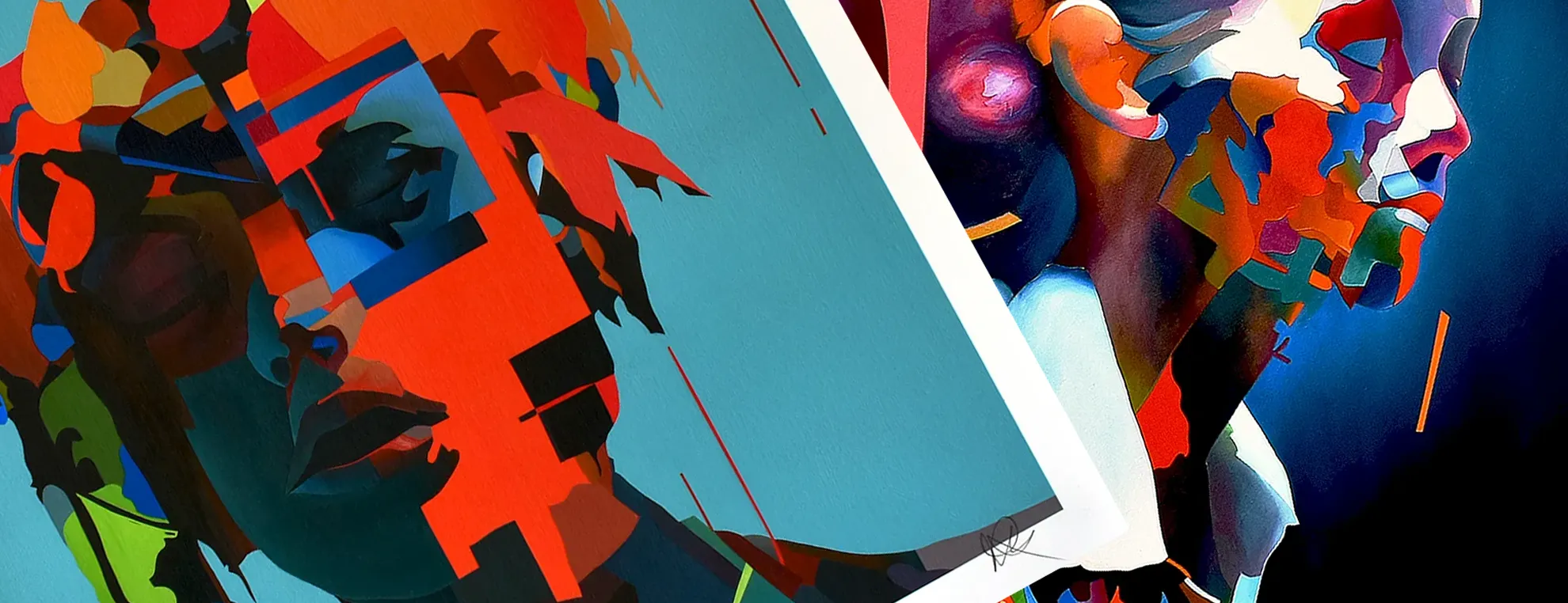 Overlapping limited edition abstract portrait art prints by UK artist Paul Kneen