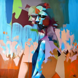Shaped by Yesterday, original abstract portrait painting by UK artist Paul Kneen featuring layered figures and fragmented forms.