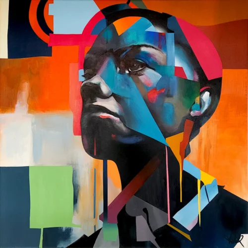 Unbroken Resolve by Paul Kneen, contemporary abstract portrait painting featuring geometric forms, bold colours and an upward gaze.
