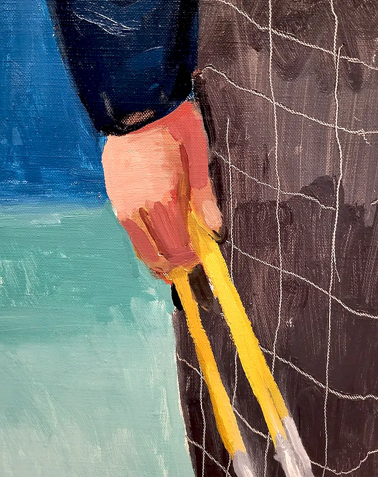 Close-up of a hand holding paintbrushes in a David Hockney portrait Close-up of a hand holding paintbrushes in a David Hockney portrait