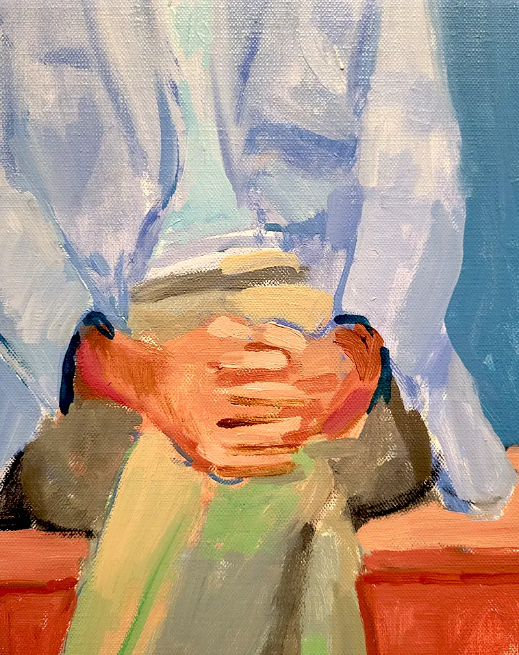 Close-up of painted hands in a David Hockney portrait Close-up of painted hands in a David Hockney portrait